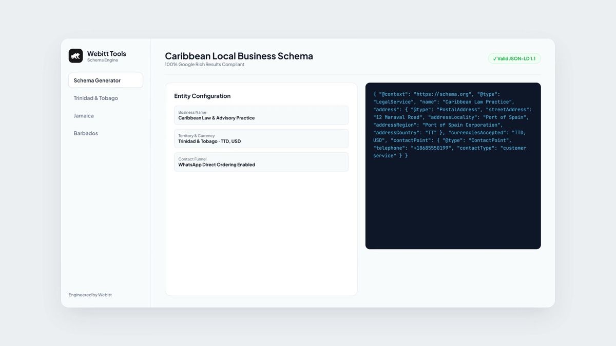 Free tool to generate 100% valid Google JSON-LD LocalBusiness structured data for Caribbean businesses in Trinidad & Tobago, Jamaica, Barbados, and beyond