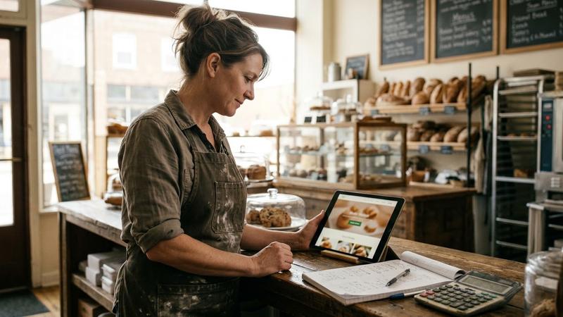 Small business owner reviewing her shop’s website and budget at the counter
