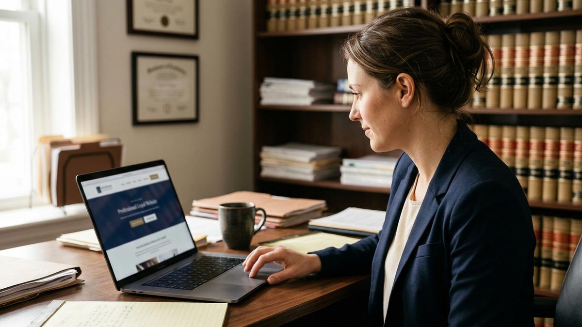 Attorney reviewing a small law firm website on a laptop in a bright office