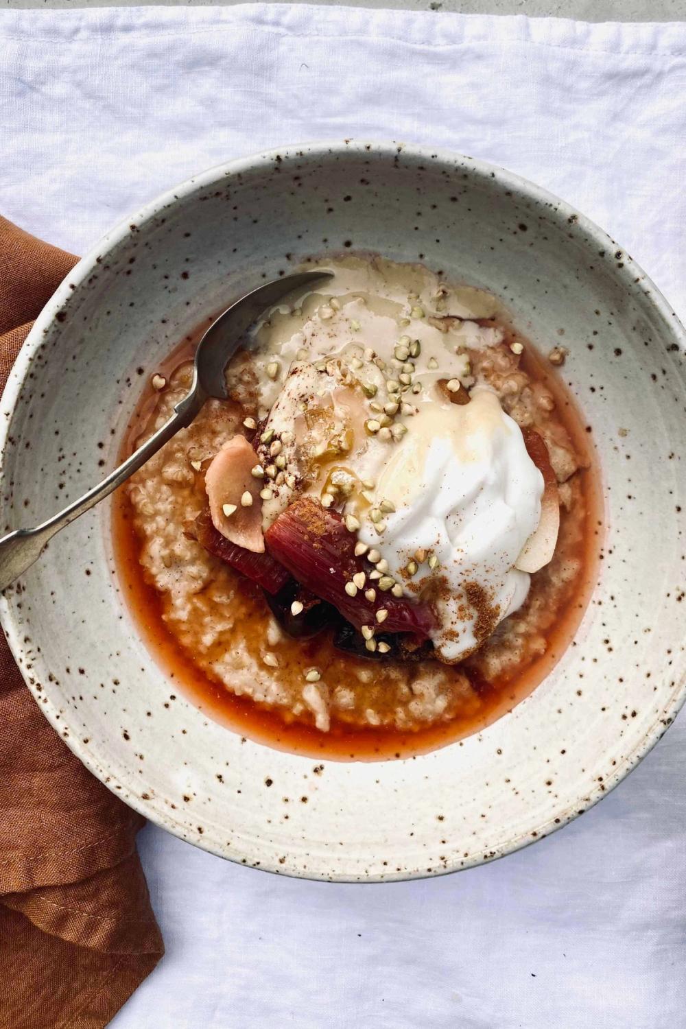 Spiced Porridge with Stewed Rhubarb and Apple