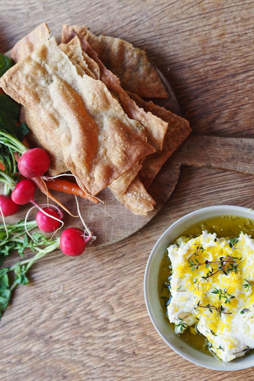 Herb + Olive Oil Crackers with Goat's Cheese and Lemon Dip