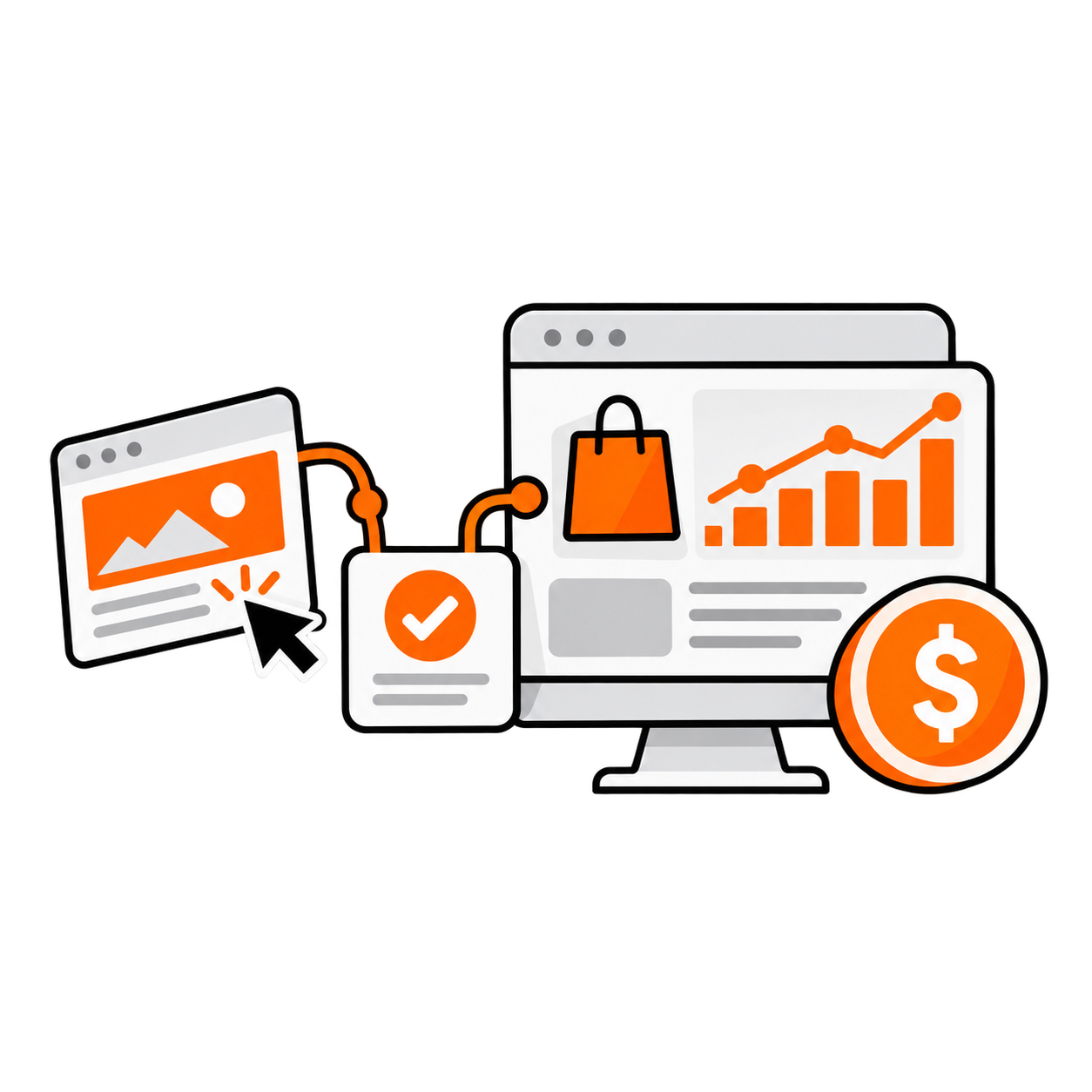 Ad clicks and conversion events feed one revenue dashboard.