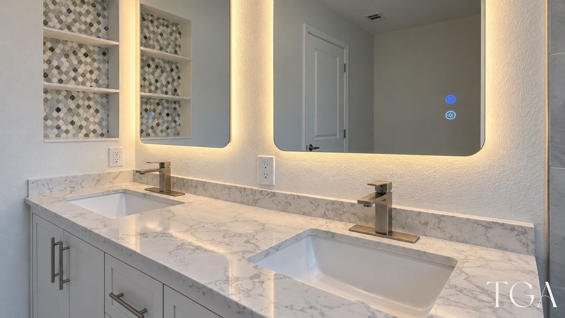 Close view of the master bathroom double vanity, rectangular sinks, illuminated mirrors and recessed shelves