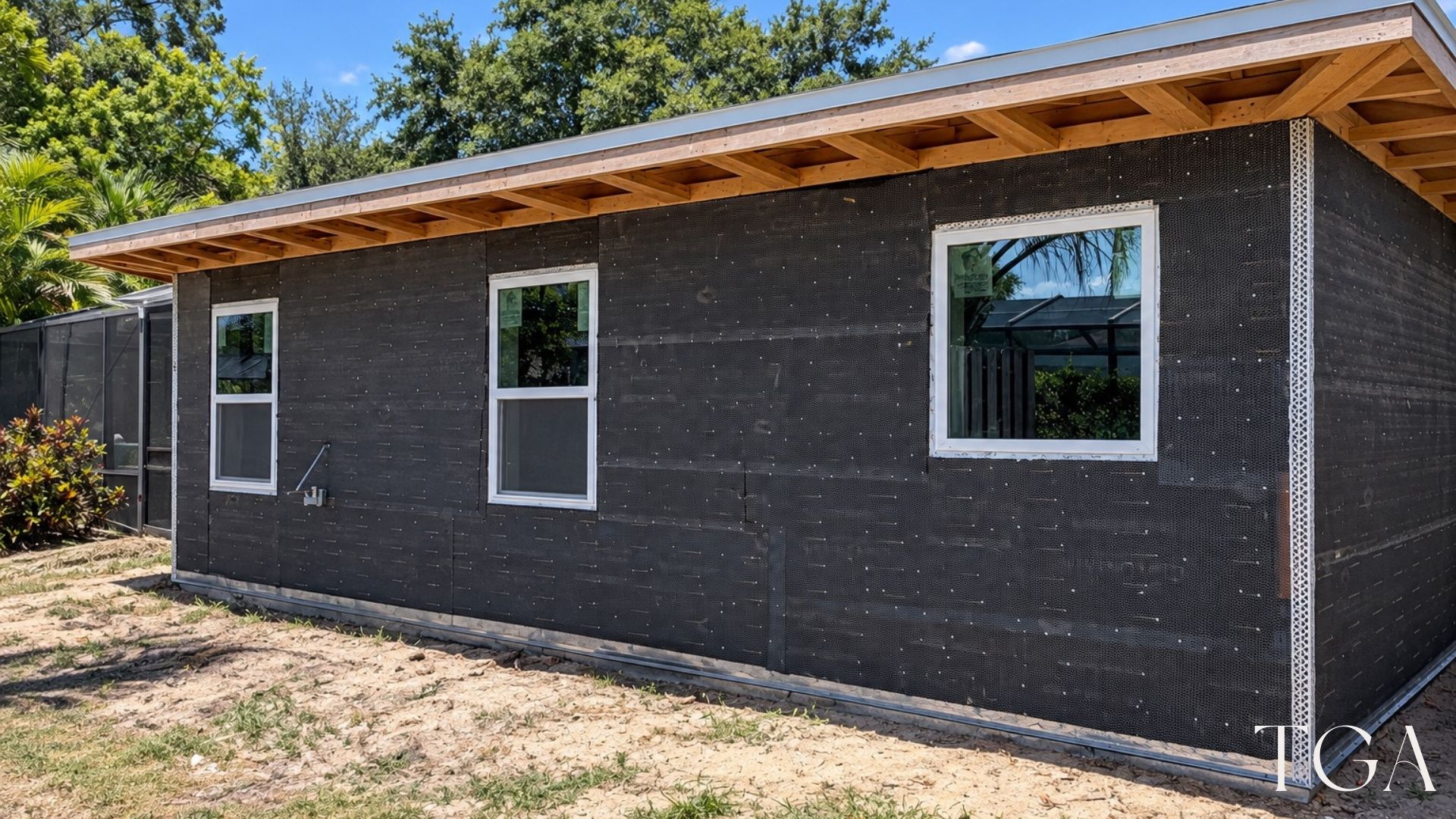 Home addition during construction with wall wrap, installed windows and exposed roof framing