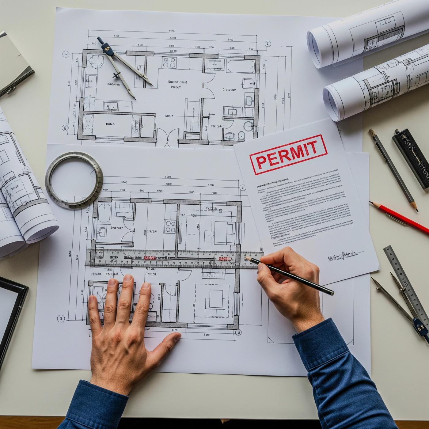 Kitchen remodel permit plans and drawings on a desk