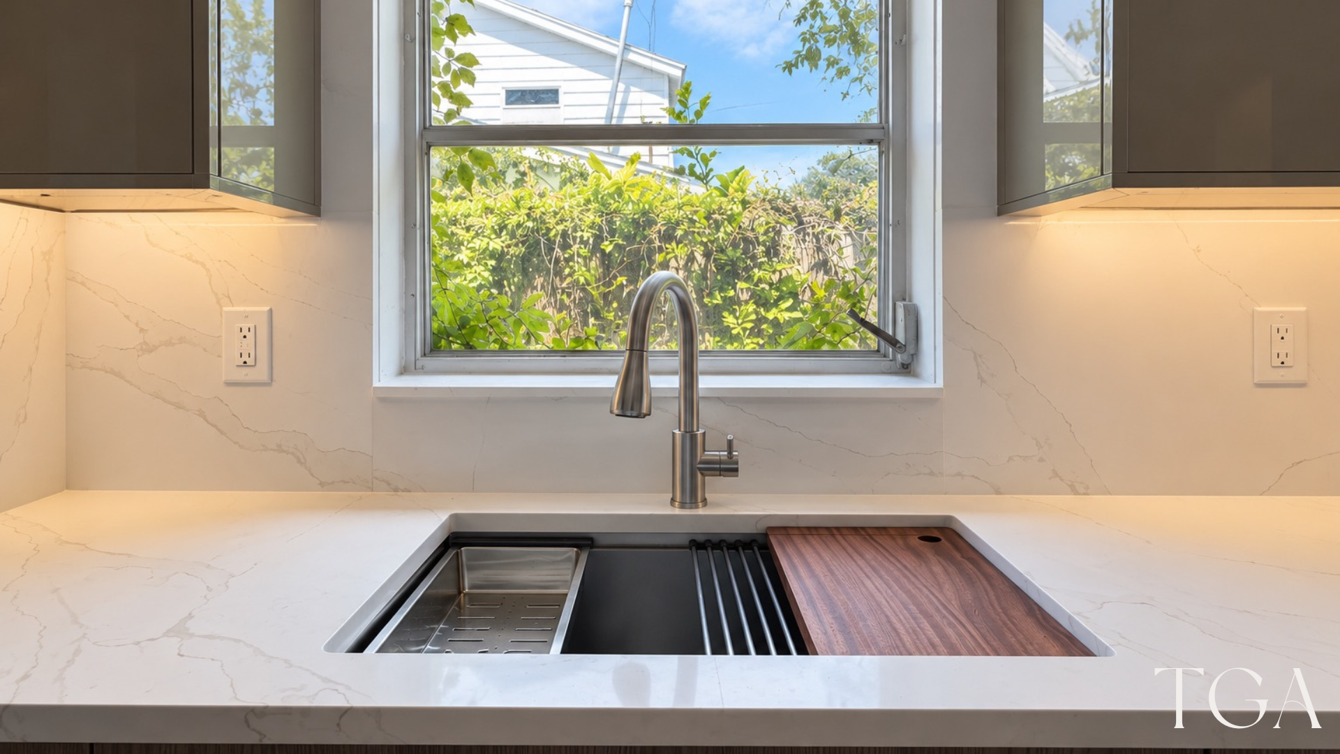 Workstation sink with cutting board, drying rack and curved faucet in the two-tone kitchen