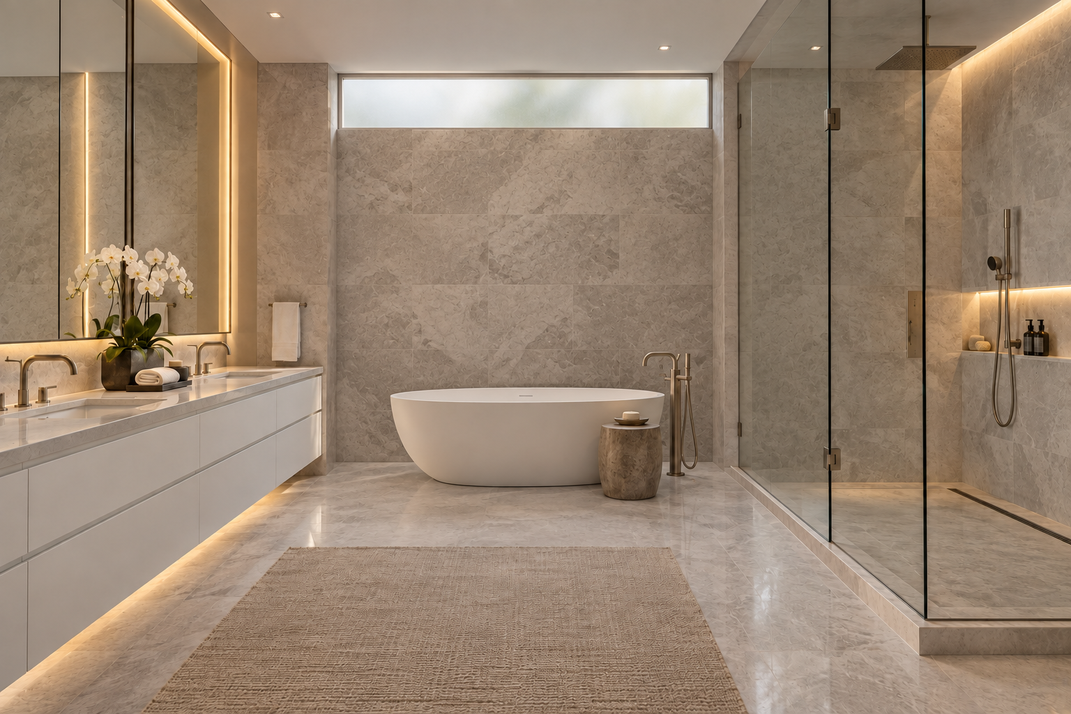 Minimalist bathroom with a floating white vanity and high frosted window