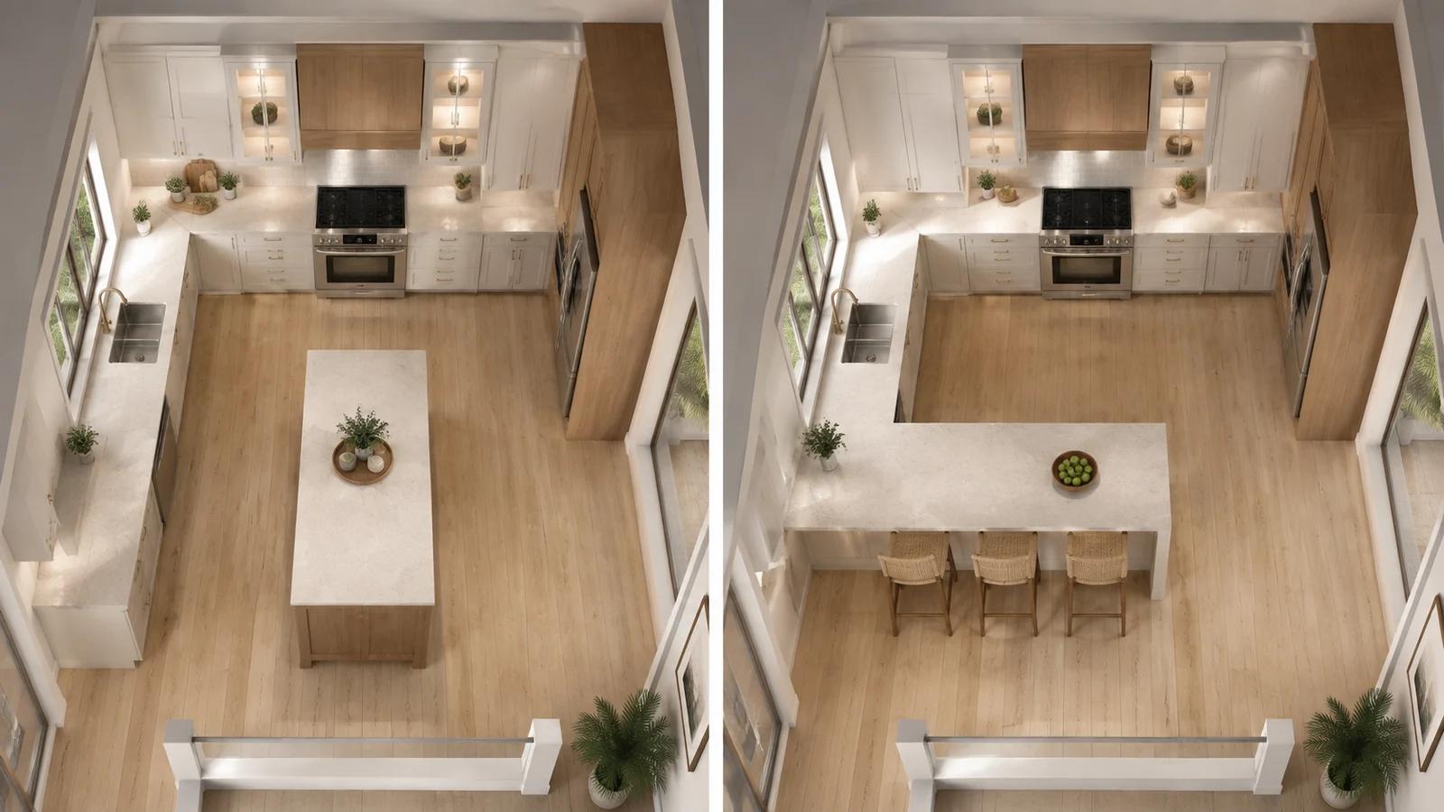 Elevated kitchen design concepts comparing a freestanding island with a connected peninsula.