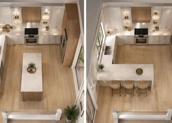 Elevated kitchen design concepts comparing a freestanding island with a connected peninsula.