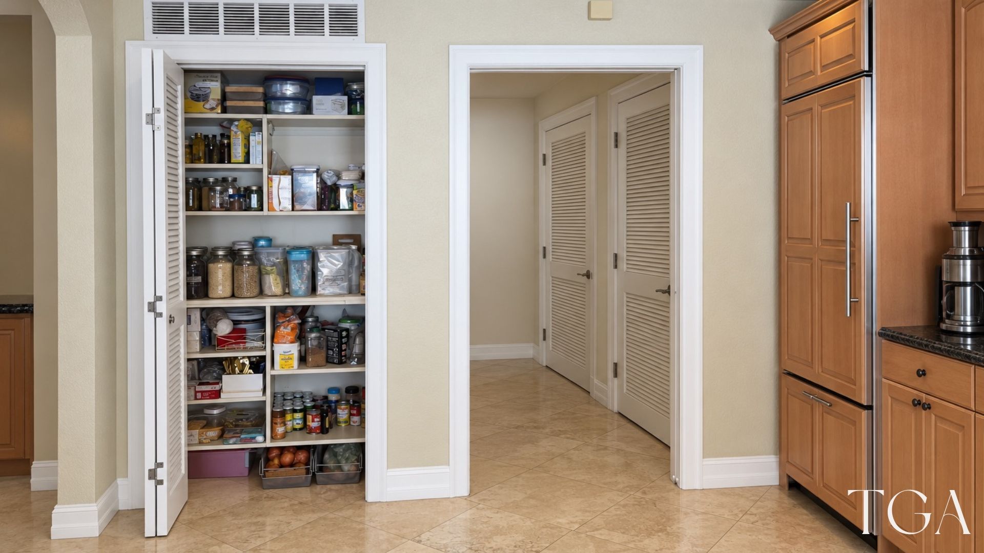 Original pantry with open shelves behind a folding door, beside the hallway and brown kitchen cabinetry