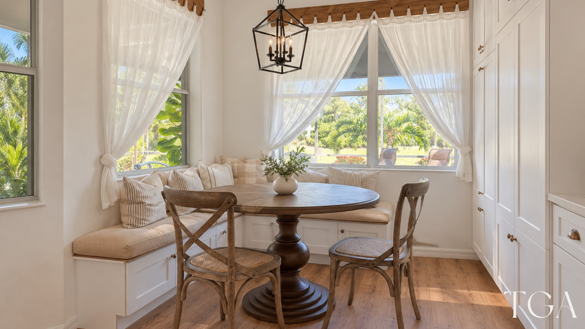 Sarasota breakfast nook with an L-shaped cushioned bench, storage cabinets, a round table and a black lantern pendant.