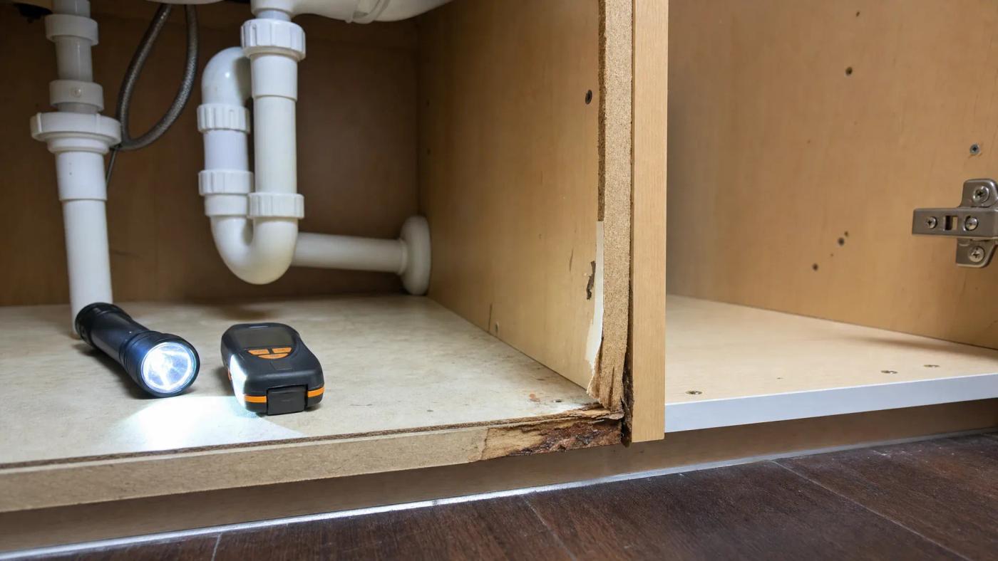 Water-damaged cabinet box beneath a kitchen sink beside a flashlight and moisture meter