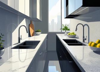 Kitchen illustration with a white veined countertop on one side and a gray speckled countertop on the other.