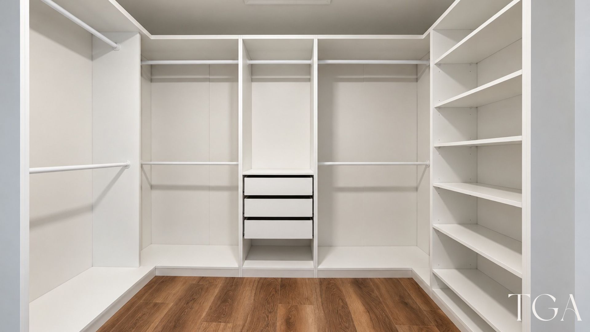 Custom walk-in closet with white shelves, hanging rails, central drawers and wood-look flooring