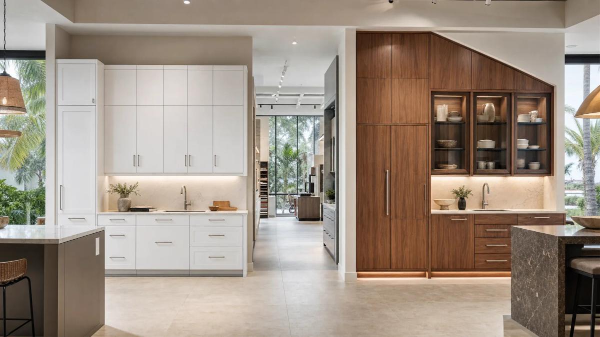 Modular white cabinets beside custom walnut cabinetry fitted to a sloped ceiling