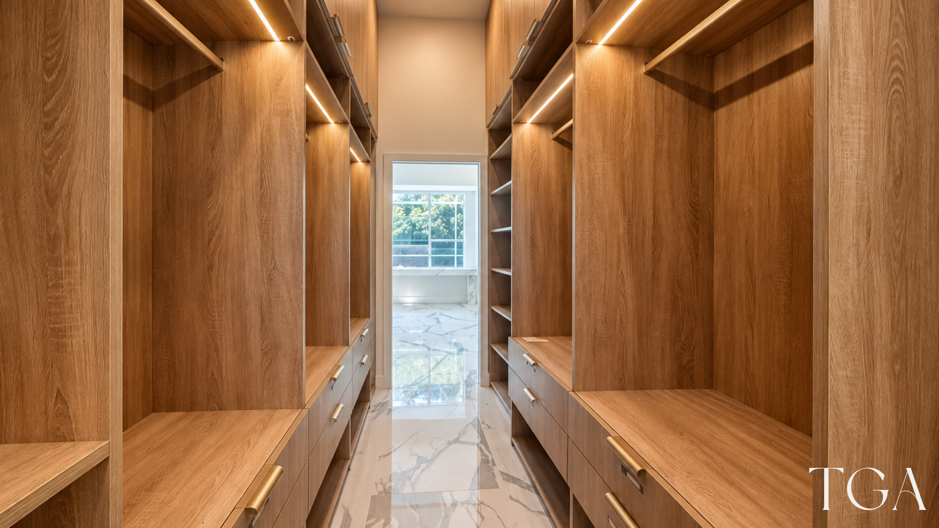 Walk-in closet with wood-tone cabinets, hanging rails, drawers and integrated lighting on both sides.