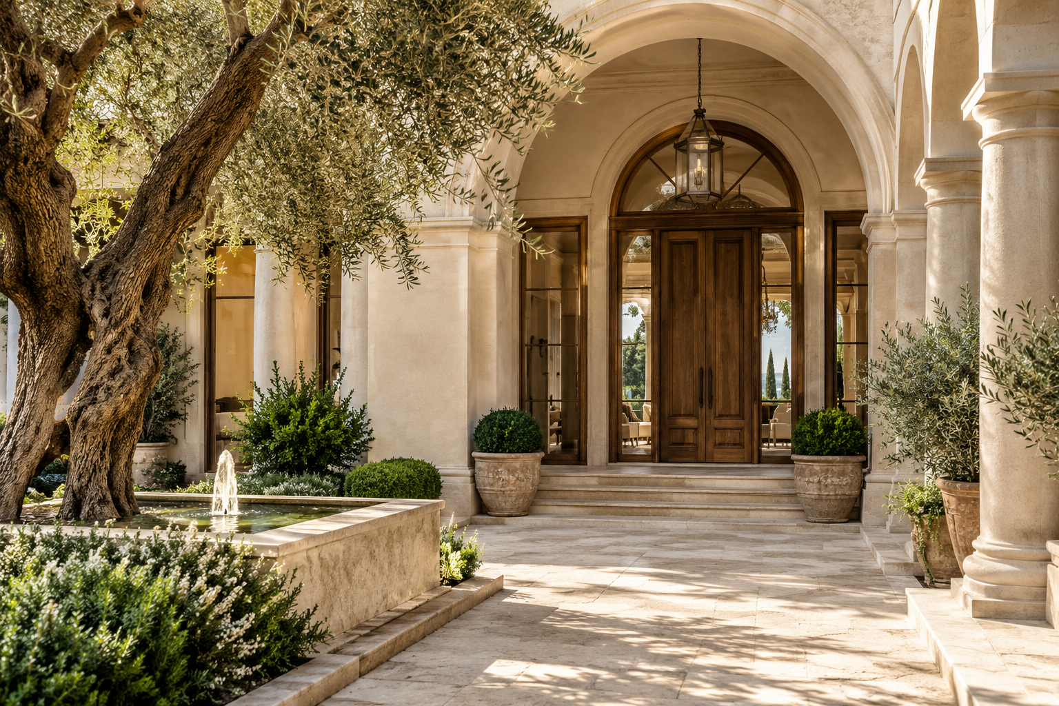 Arched stone entrance with a landscaped courtyard and fountain