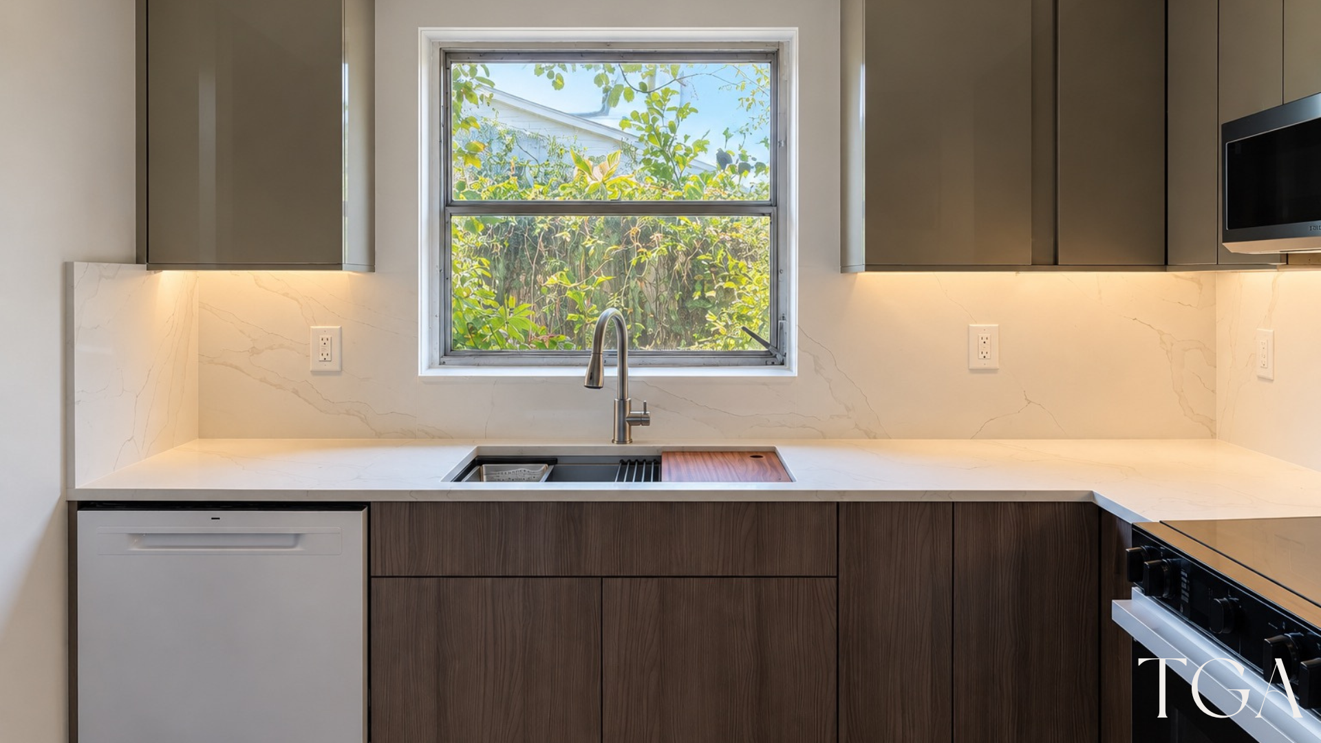 Completed two-tone kitchen sink wall with wood-grain lower cabinets and taupe upper cabinets in St. Petersburg