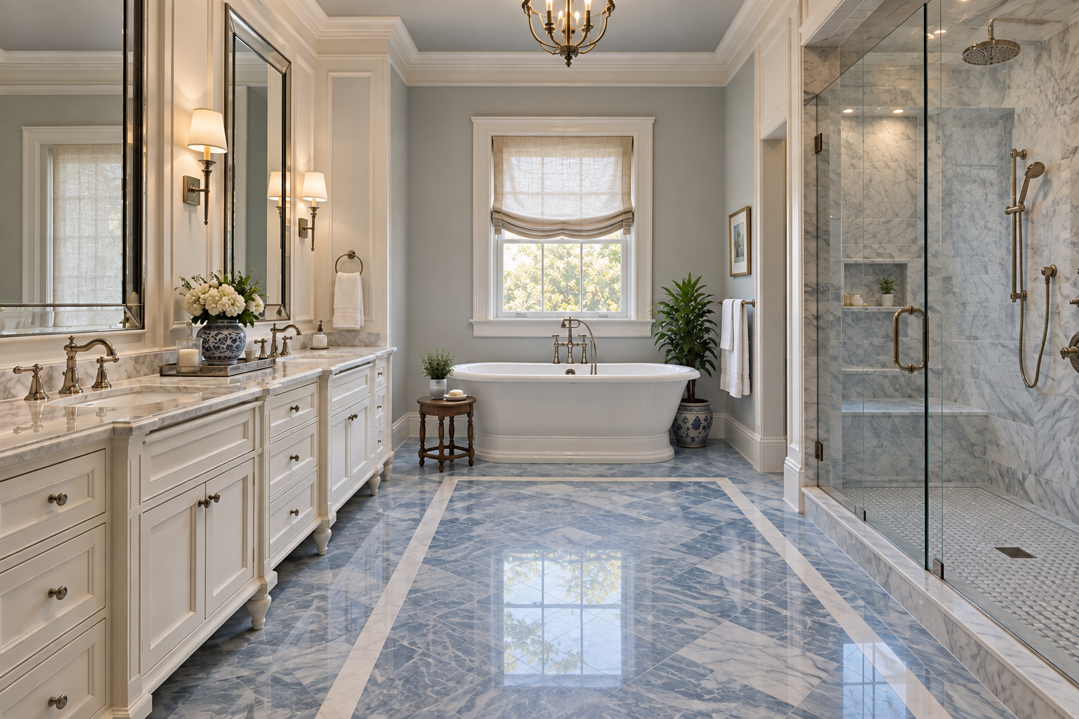 Classic ivory bathroom with blue marble flooring and a linen window shade