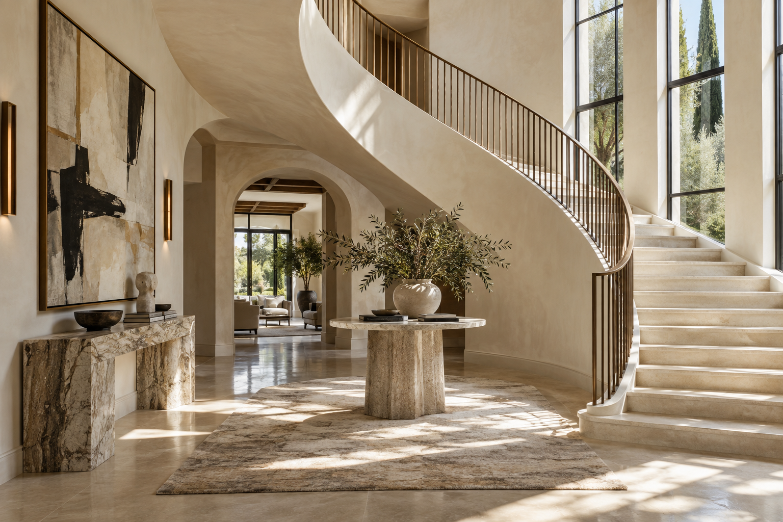 Curved staircase with bronze railing and a stone foyer console