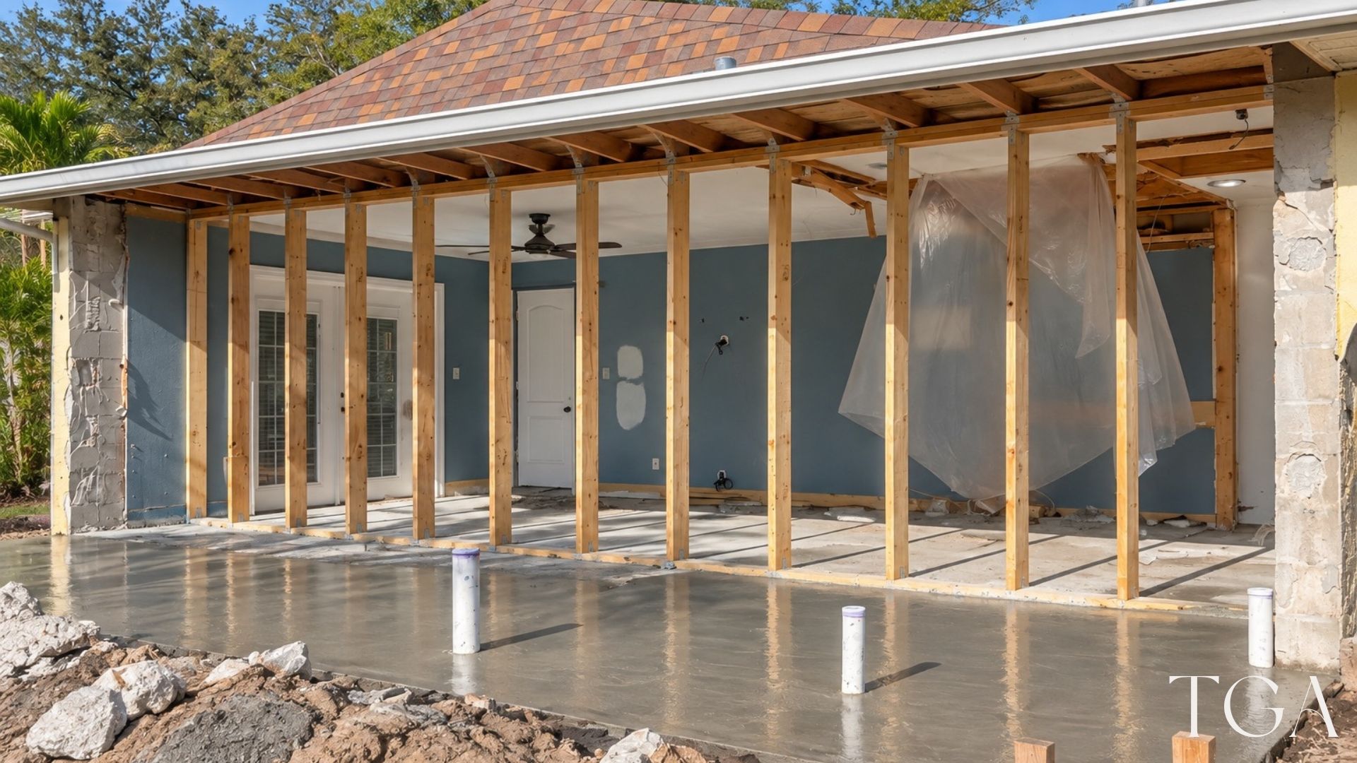 Exterior wall framing of the room addition on a concrete slab beside the existing house