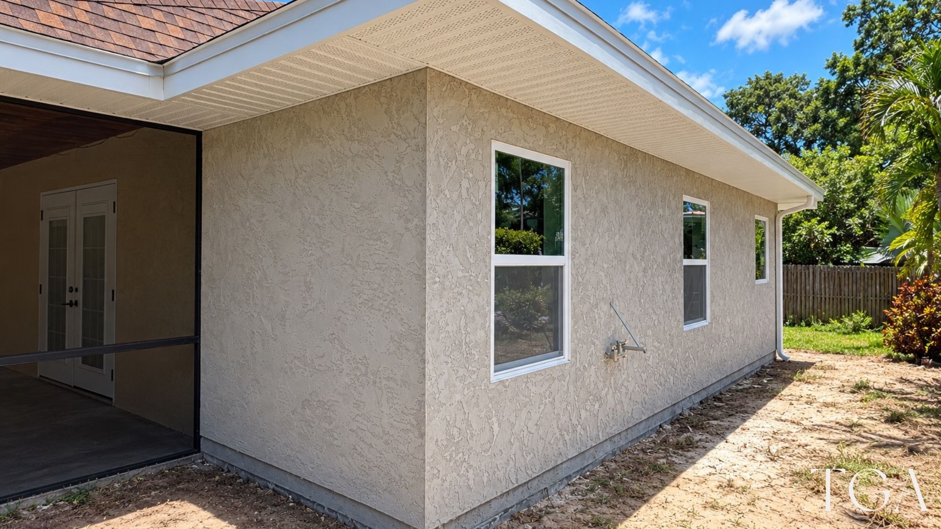 Completed Tampa home addition with light stucco walls, two windows and an adjoining covered patio