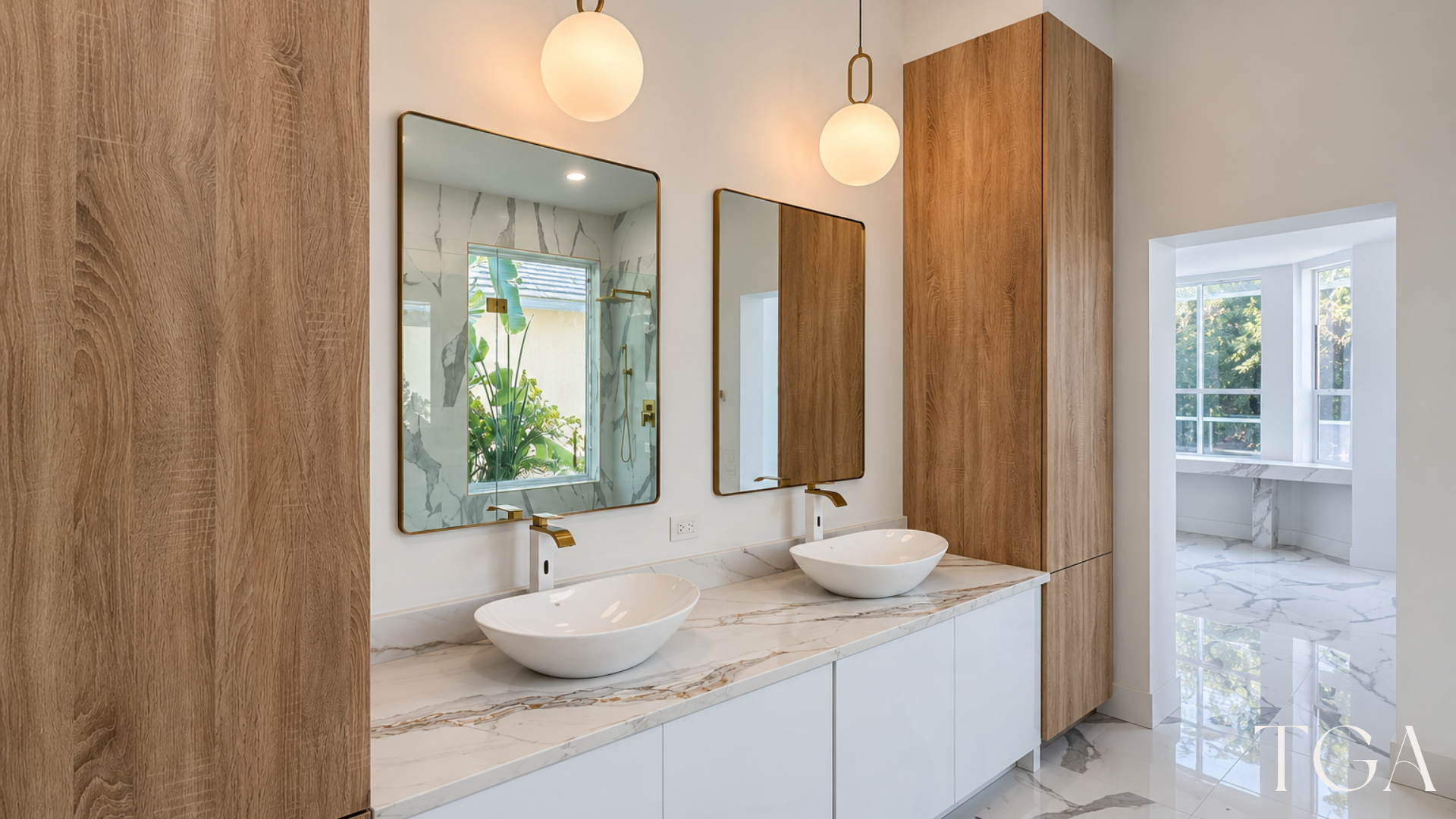 Two vessel sinks on a veined vanity counter with gold-framed mirrors, globe pendants and tall wood-tone storage.