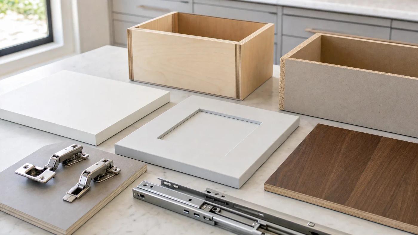 Cabinet panels, door fronts, concealed hinges, and drawer slides arranged on a design table