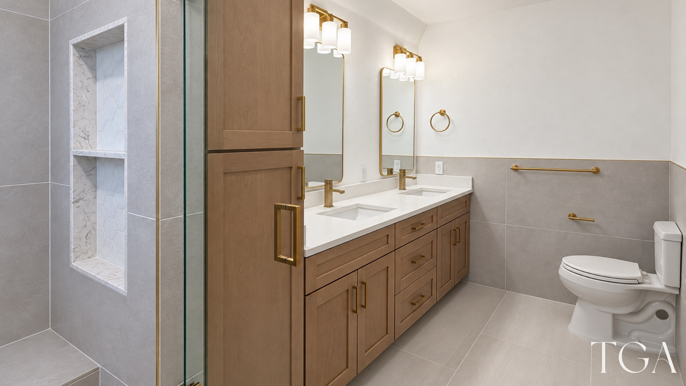 A divided recessed shower niche beside clear glass, gray tile and a wood-tone vanity in a TGA bathroom.