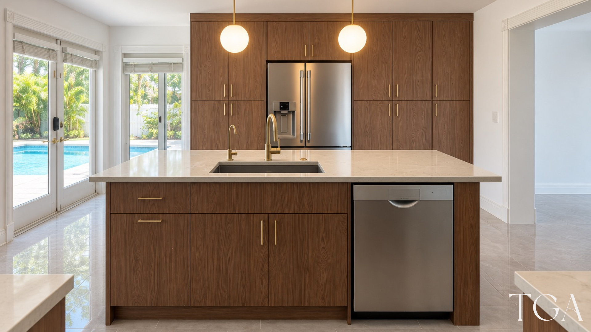 Tampa walnut kitchen with an island sink, stainless steel dishwasher, globe pendants and tall refrigerator cabinetry