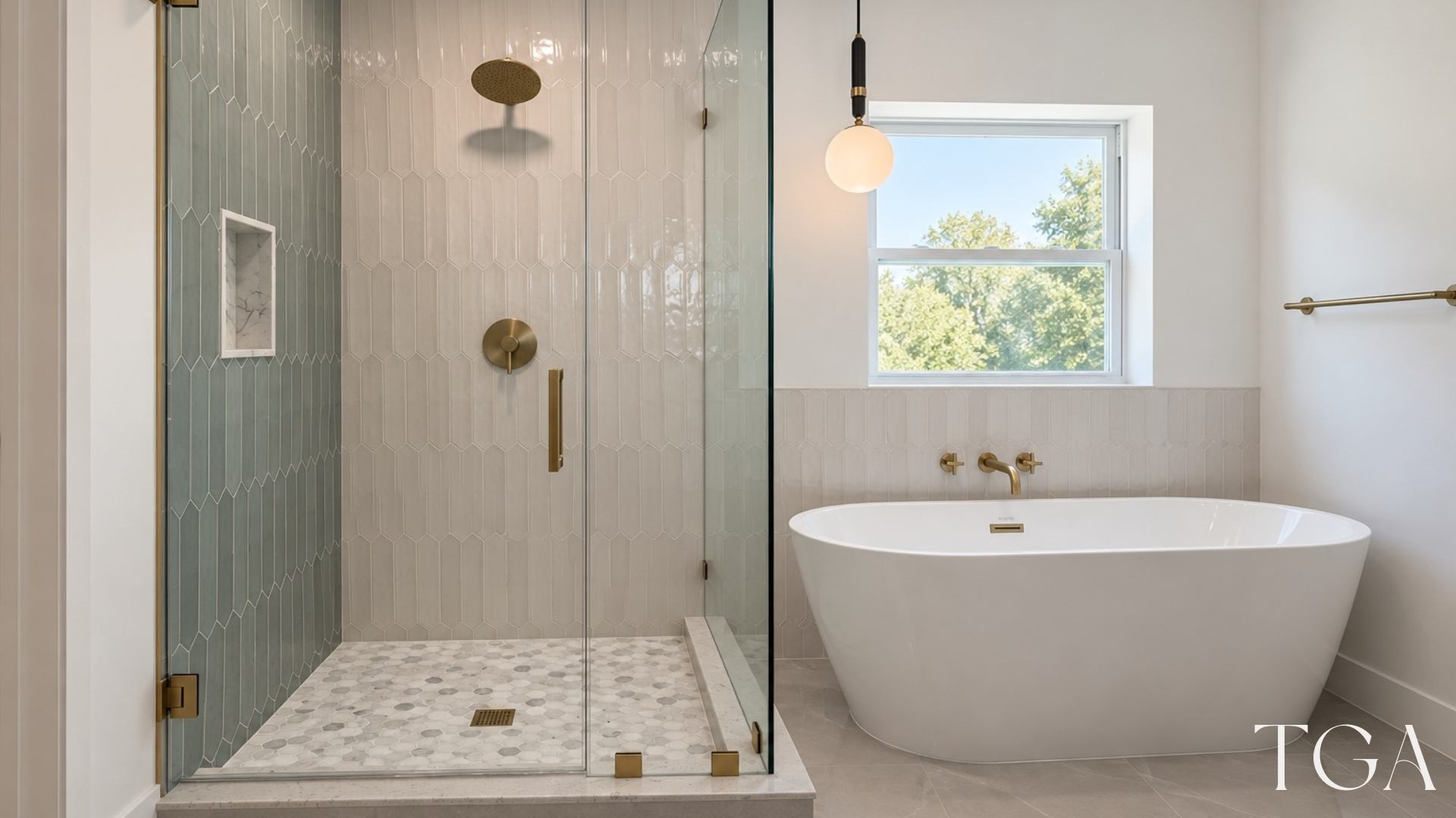 Tampa master bathroom with a glass shower, freestanding tub, window and gold-tone fixtures