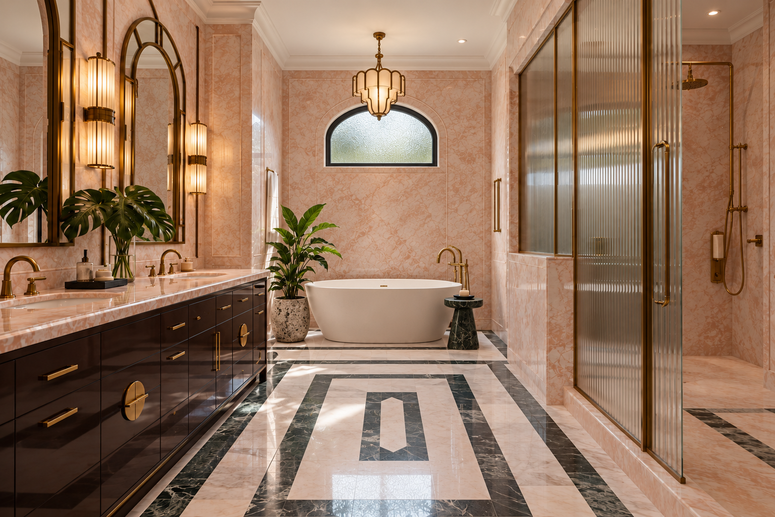 Rose marble bathroom with fluted shower glass and an arched privacy window