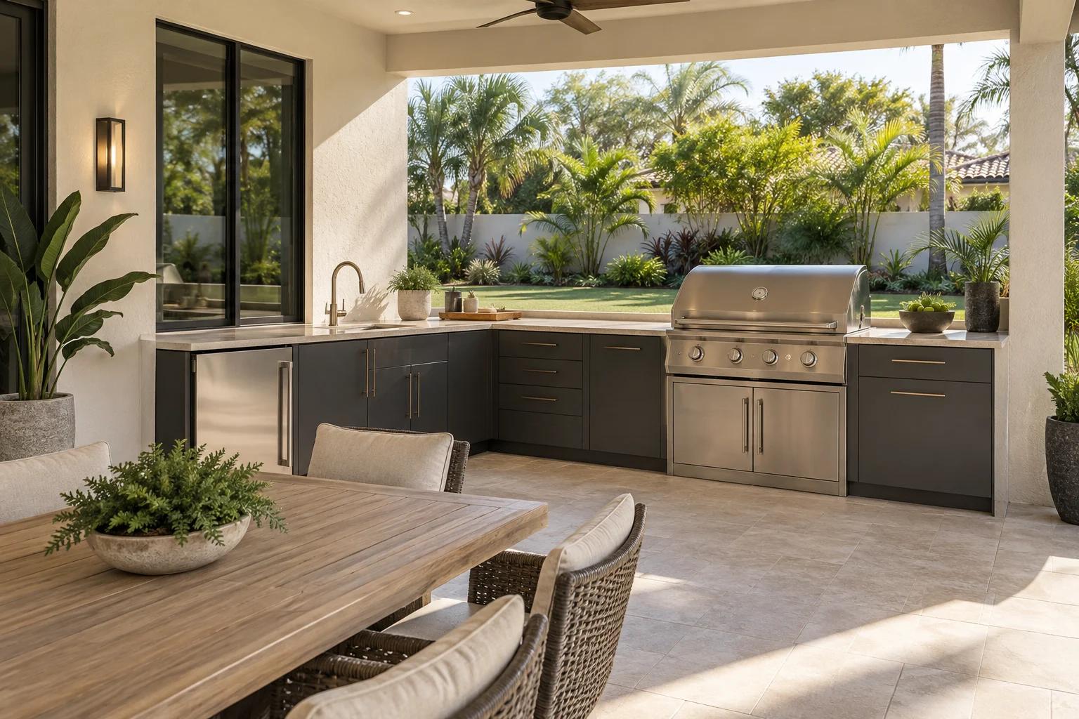 Built-in outdoor kitchen with charcoal cabinetry and pale stone counters in a covered Florida-style patio