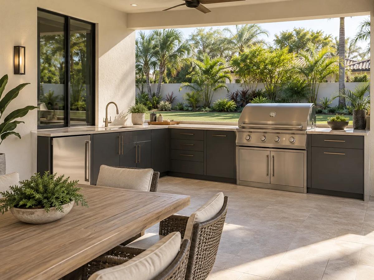 Built-in outdoor kitchen with charcoal cabinetry and pale stone counters in a covered Florida-style patio