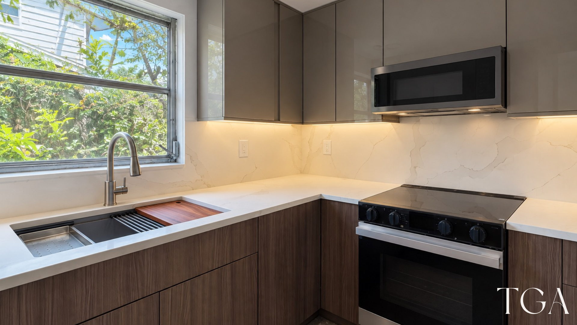 Two-tone kitchen remodel in St. Petersburg with two-tone cabinets, a corner counter and an adjacent cooking area