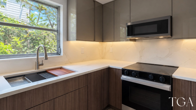 Wood Grain Lower Cabinets And Taupe Upper Cabinets Kitchen Remodel in St. Petersburg, FL by TGA Kitchens & Remodeling project photo