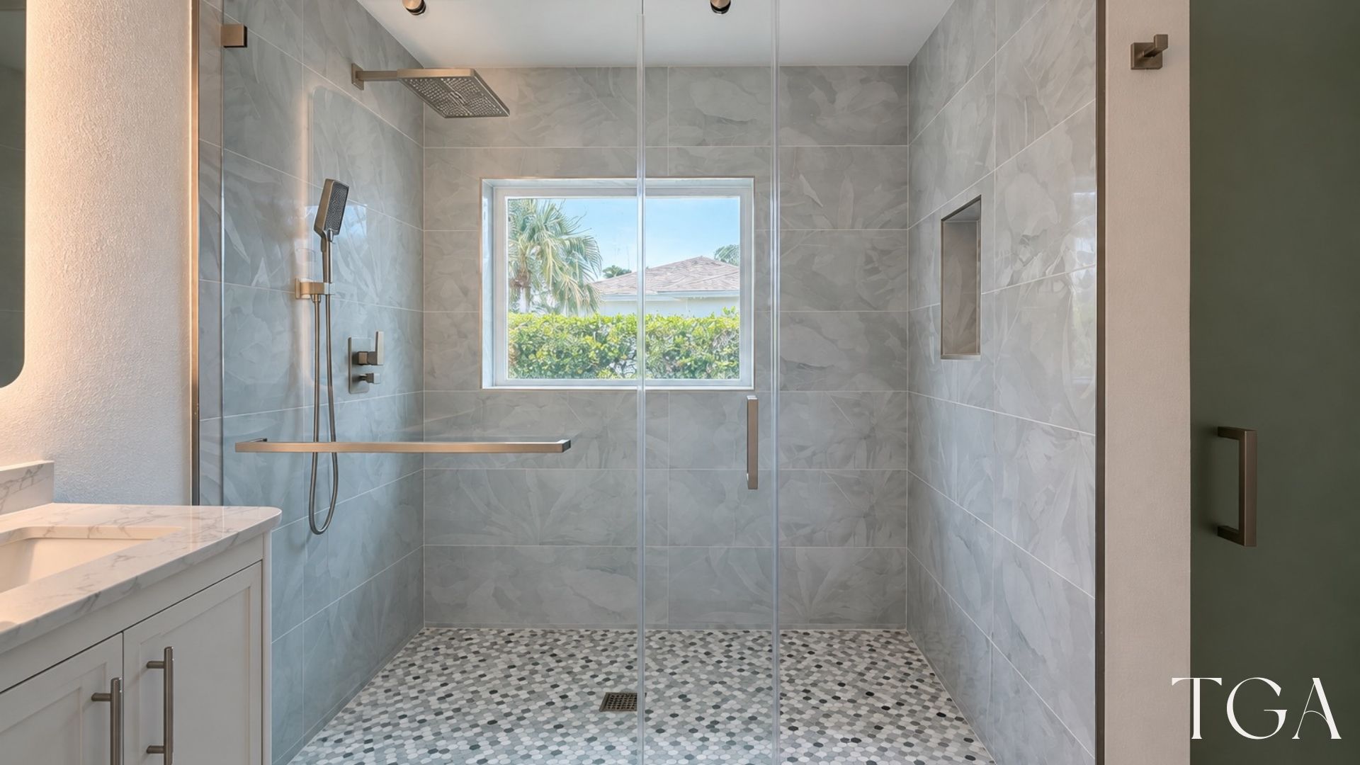 Walk-in shower with gray wall tile, pebble-style shower floor, window and handheld shower fixture