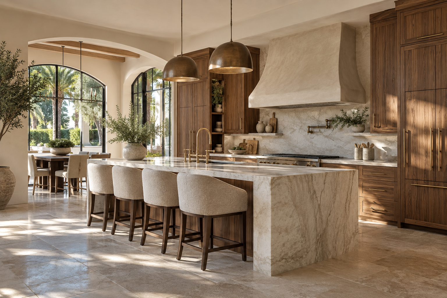 Walnut kitchen with a quartzite island and bronze pendants