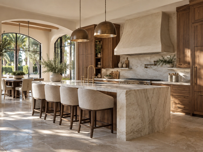 Walnut kitchen with a quartzite island and bronze pendants