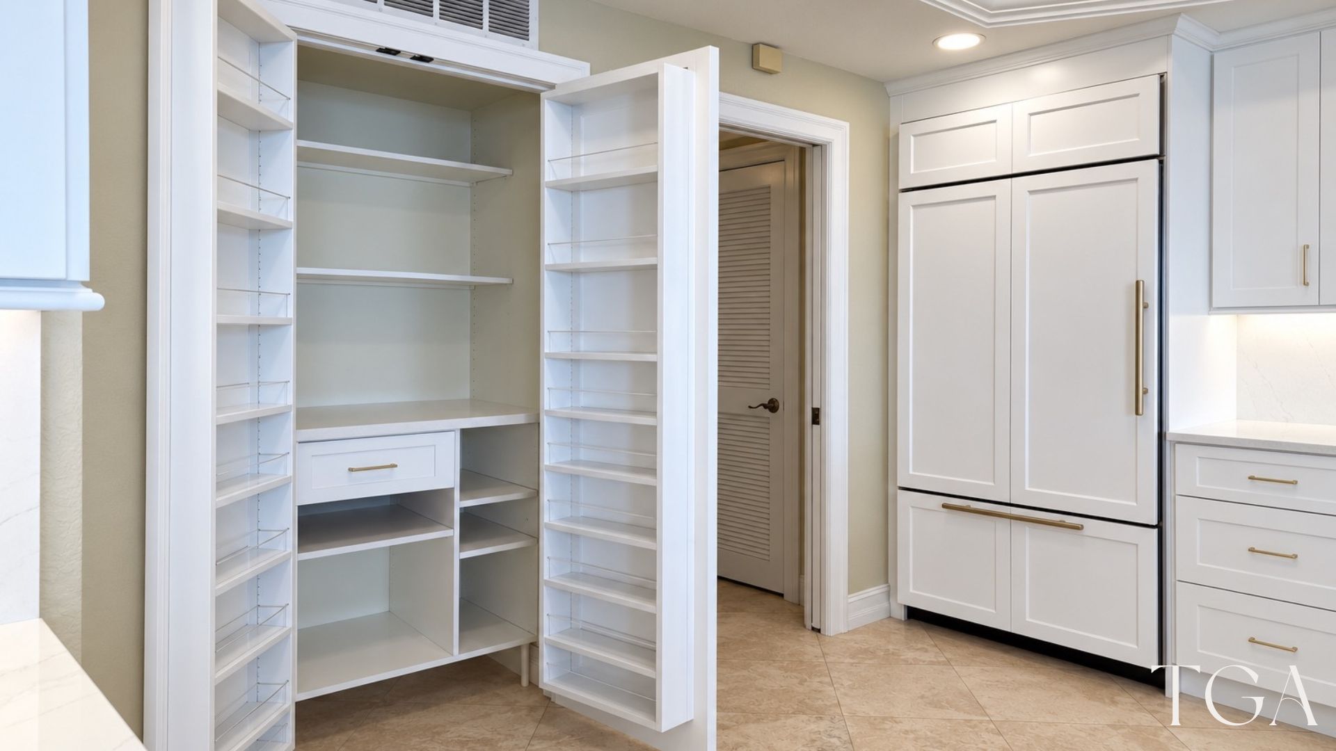 Close view of the custom pantry with white shelves, a drawer, lower compartments and storage racks inside both doors