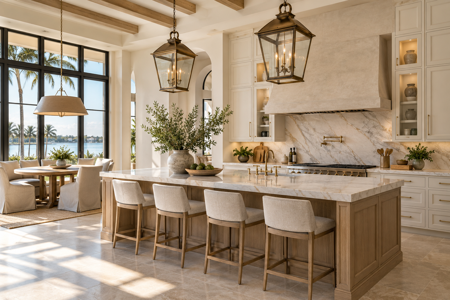 Ivory cabinetry and oak island with bronze lantern lighting