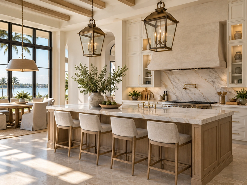 Ivory cabinetry and oak island with bronze lantern lighting