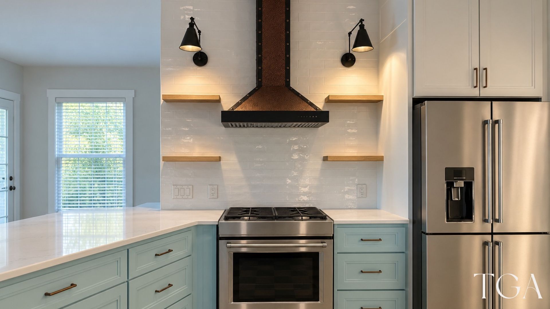 Copper-toned range hood above the stove, flanked by wood shelves and black wall lights against a white tile backsplash
