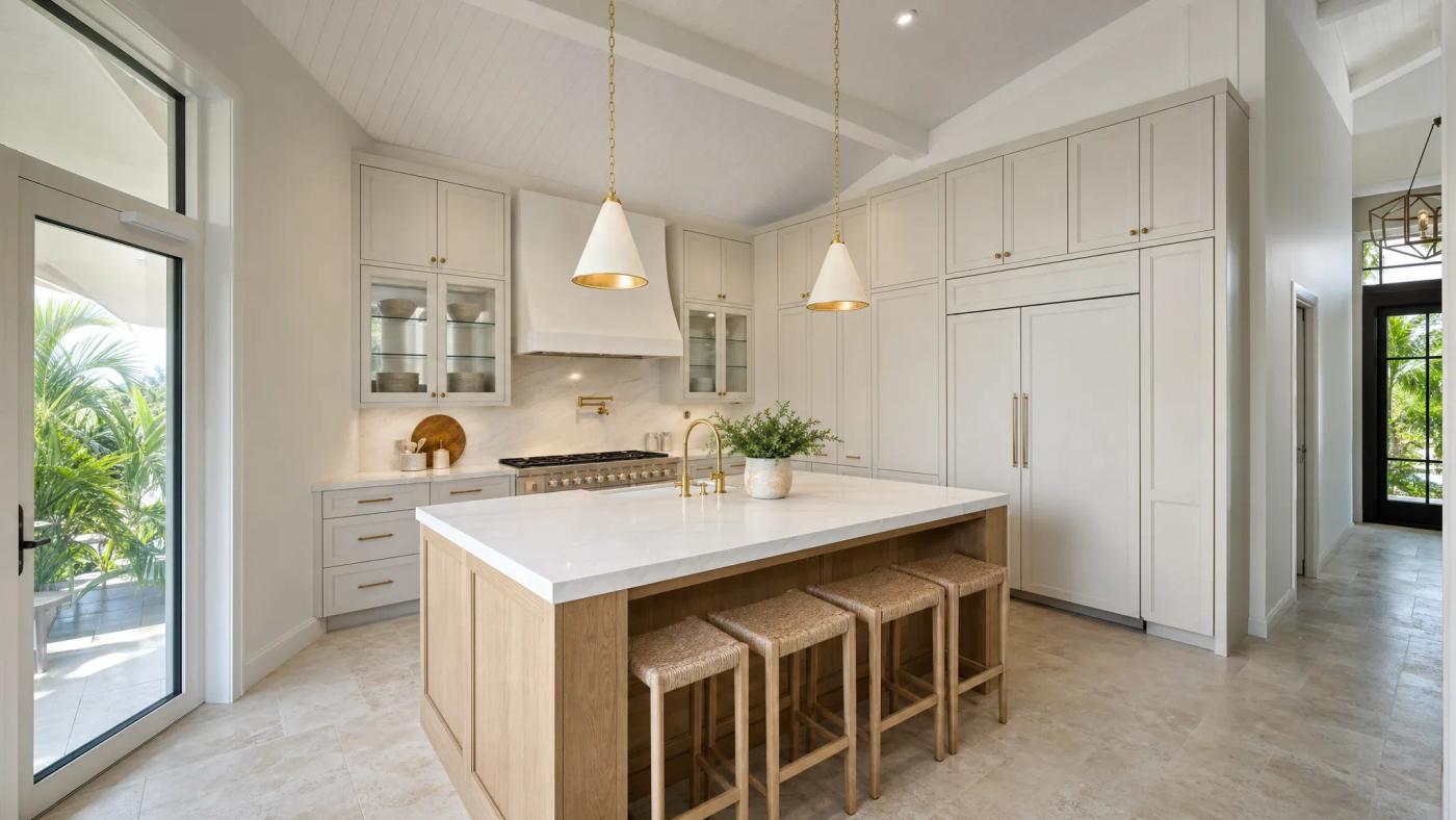 Custom white kitchen cabinetry fitted around a sloped ceiling with a natural wood island