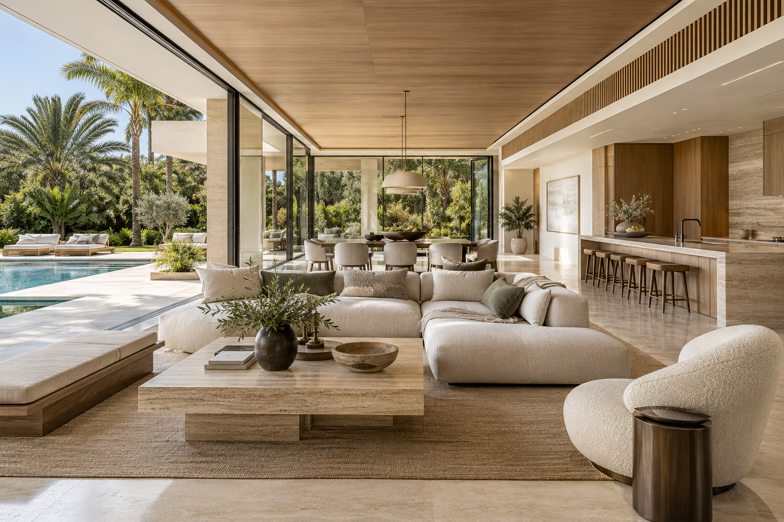 Open living, dining and kitchen space overlooking a pool garden