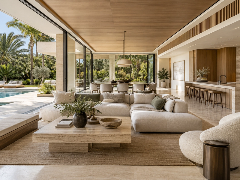 Open living, dining and kitchen space overlooking a pool garden