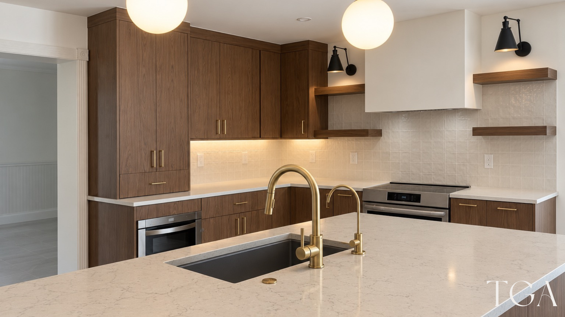 Kitchen island with a dark sink, gold-tone faucet and light counter facing the walnut cooking area