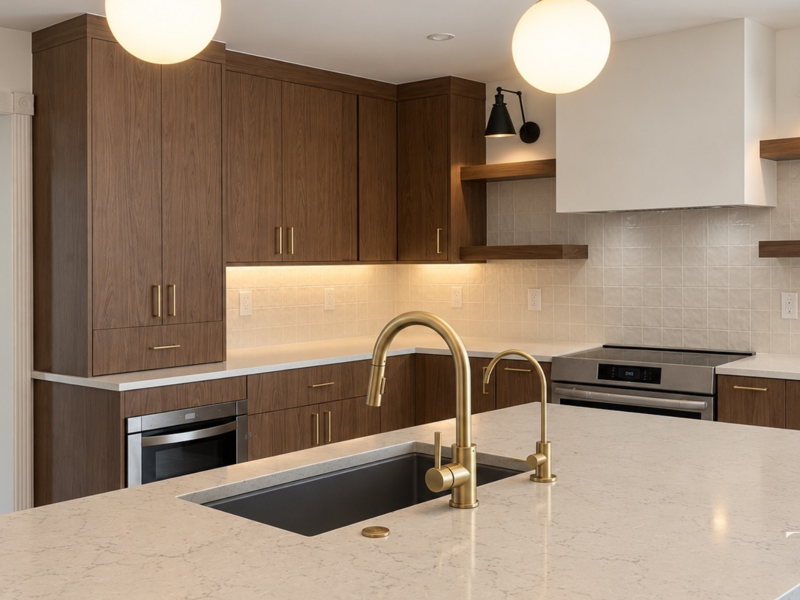 Kitchen island with a dark sink, gold-tone faucet and light counter facing the walnut cooking area