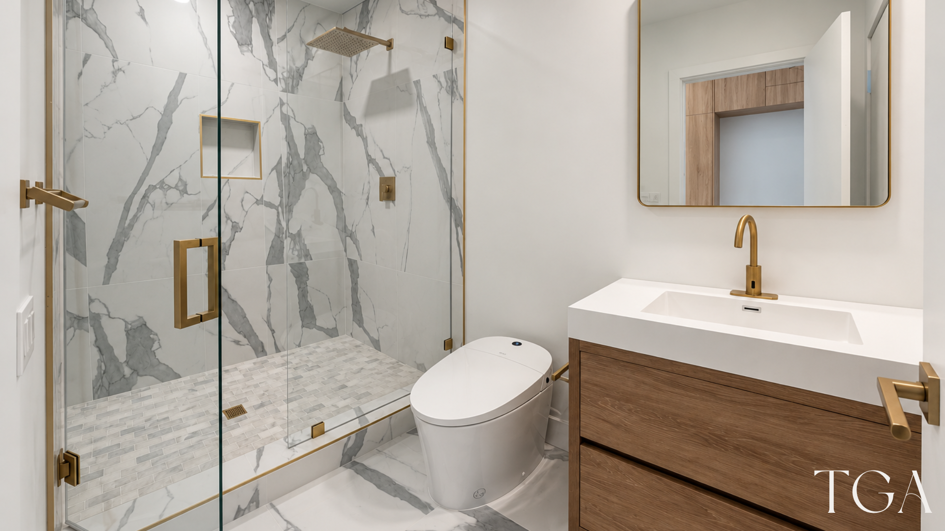 Second bathroom with a compact wood-tone vanity, gold faucet and glass shower with gray-veined white tile.