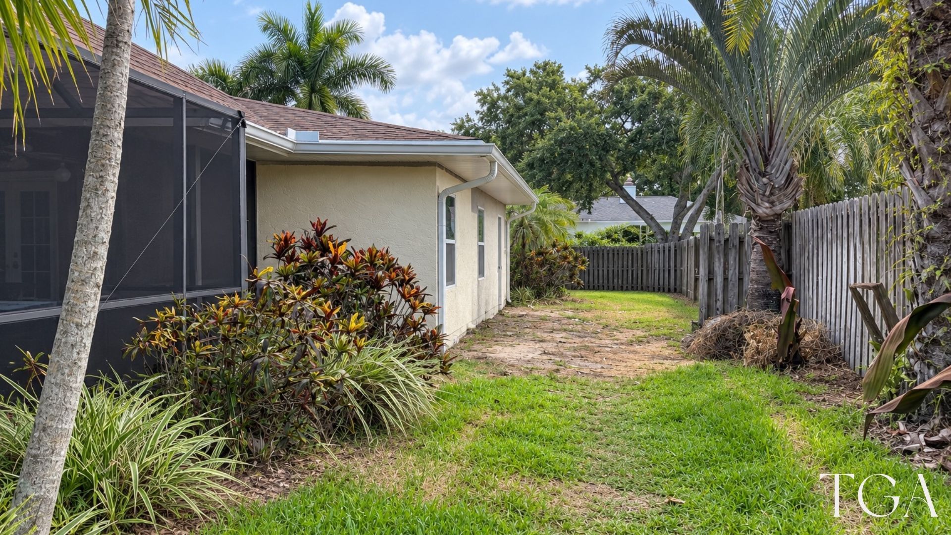 Yard view of the home addition beside the existing screened outdoor area